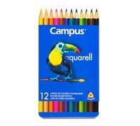 Campus College - Lápices Acuarelables de Colores para dibujo, Pack 12 lápices, para clase Niños y Adultos, Ideal Colorear y Pintar, Dibujar, Acuarela, Muy pigmentado, perfectos Material Escolar