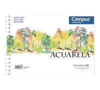 Campus University - Bloc de Dibujo A3 Papel de Acuarela con Espiral 20 Hojas 190 gramos en Blanco para Acuarela, Aguada, Témperas (A3)