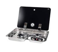 CAN Hornillo de gas de 2 fuegos de acero inoxidable y cristal, 530 x 340 x 105 mm, 4,75 kg, con encendido eléctrico