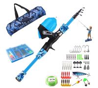 Caña de Pescar Infantil - Kit Completo de iniciación a la Pesca con caña telescópica Caja de Aparejos carretes y Bolsa para jóvenes Pescadores. 1, 5 m. Equipo de Pesca para niños Color Azul.