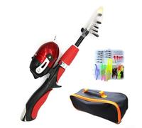 Caña de pescar telescópica con mosca y carrete para juego combinado con señuelos y bolsa de almacenamiento, anillo guía de cerámica retráctil, mango ergonómico, construcción de nailon y metal