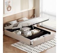 Canapé Abatible 140 x 200 cm, Cama tapizada de almacenamiento, sin cabecero, Cama Matrimonio somier de láminas, cama con 2 cajones, cama juvenil, color beige lino (sin colchón) (beige, 140 × 200)