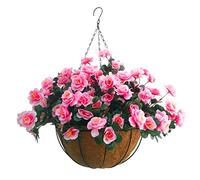 Canasta colgante de seda rosa con cadena de flores rosas para interiores y exteriores, con maceta, rododendro falso, flores artificiales azalea (cesta pequeña)