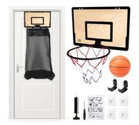 Canasta de baloncesto 2 en 1, canasta de baloncesto colgante para puerta, con bolsa grande de malla y cremallera, cesta de la ropa de madera, incluye pelota y bomba, para habitación infantil y