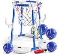 Canasta de baloncesto para piscina, juguete para piscina, canasta de baloncesto flotante para la piscina con 4 pelotas, 12 anillos de lanzamiento y bomba, juguete inflable de baloncesto para piscina