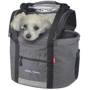 Canasta delantera de tela Klickfix para perro gris con asa de fijación en el ma