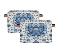 Canastas de almacenamiento plegables para estantes, armario, retro, azul, bohemio, mandala, loto, floral, organizador con asas, caja de almacenamiento plegable de tela para dormitorio, ropa, sala de