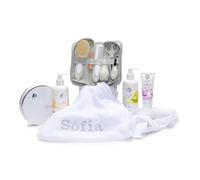 Canastilla Bebe Recien Nacido | Cosmética Natural Bordado con el nombre | Set Estuche con todo lo necesario Para el Cuidado y Baño del Bebé (Cosmetica + Estuche + Muselina) | BebeDeParis