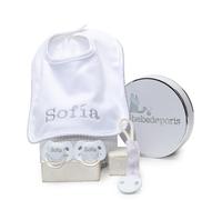 Canastilla Bebe Recien Nacido | Incluye Dos Chupetes + Chupetero y Babero Personalizados + Hechos a Mano en España (Gris) | BebeDeParis