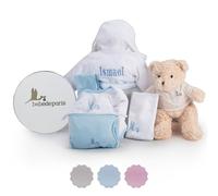 Canastilla Bebé Recién Nacido Personalizada | Cesta Bebé Niño Niña | Albornoz con el Nombre Bordado | Body | Neceser | Funda | Muselina y Oso de Peluche | 3 a 18 meses (Azul) | BebeDeParis