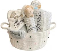 Canastilla Bebe Recien Nacido Personalizada Regalo Completo Set | Manta Doudou Toalla de Bano Babero y 3 Gasas Cesta Marron Gris con Nombre Bordado para Baby Shower Bautizo Niño/a Danielstore