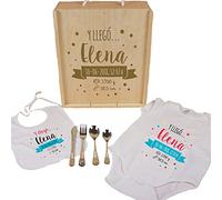 Canastilla personalizada con babero + body + cubiertos en caja de madera