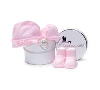 Canastilla | Set Personalizado de Gorro + Manoplas y Patucos con Chupete Grabado con Nombre del Bebé | Hecho a Mano en España (Rosa) | BebeDeParis