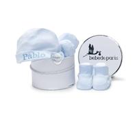Canastilla | Set Personalizado de Gorro + Manoplas y Patucos con Chupete Grabado con Nombre del Bebé | Hecho a Mano en España (Azul) | BebeDeParis