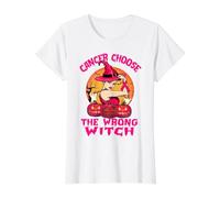 Cancer Chose The Wrong Witch Halloween Breast Cancer Ribbon Camiseta gráfica económica, Mujer, Blanco, XS