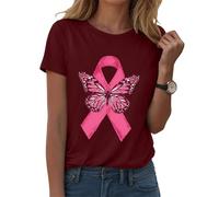 Cáncer de mama camiseta octubre rosa conciencia cinta rosa camisetas cuello redondo mujer octubre transpirable camiseta de gran tamaño completo cinta tops deporte manga corta camisetas, Vin-E, L