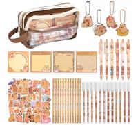 Candcamp Capybara - Juego de papelería, estuche Kawaii Capybara, llavero, lápices HB, bolígrafos de tinta negra, notas adhesivas, calcomanías, tarjetero, bonito juego de papelería para estudiantes