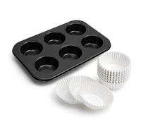 CANDeal Molde Para Muffins De 6 Tazas Con 400 Piezas Revestimientos De Papel Blanco, Bandeja Para Hornear Magdalenas De Acero Al Carbono Antiadherente, Juego De Utensilios Para Hornear (Negro)