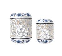 Candelabro Vintage, Aplique De Pared Cerámica, Juego 2 Candelabros, Linterna Hueca Tallada, Floral, Azul, Blanco, Decoración for Sala Estar, Dormitorio, Comedor, Montado En Chimenea