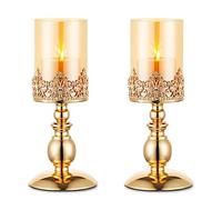 Candelabros de Pilar con Vidrio, Juego de 2 Candelabros Oro para Huracanes Regalos para la Decoración del Hogar, Candelabro para el Aniversario Bodas Centros Mesa para Fiestas Casa, Tamaño Pequeño
