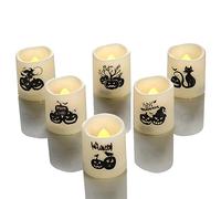 CANDLE CHOICE Velas votivas sin llama que funcionan con pilas, pequeñas luces LED eléctricas parpadeantes realistas con calcomanías de calabaza para decoraciones de Halloween, paquete de 6, pilas
