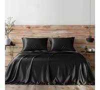 Candoury, Juego de sábanas de satén de 6 piezas, juego de ropa de cama sedosa, funda de almohada, sábana encimera y sábana bajera suaves y duraderas, lujo de calidad hotelera (queen, negro)
