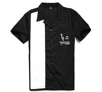 Candow Look Embroidery 50s Mens Rockabilly Vintage Bowling Shirts Black&White Rock n Roll