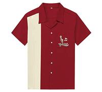 Candow Look Embroidery 50s Rock n Roll Mens Rockabilly Vintage Bowling Shirts Maroon&Ivory