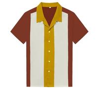 Candow Look Retro Casual Tops Stitching Color Short Sleeves Men Shirts(Sienna+Ivory+Dijon,XXL)