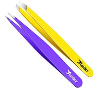 Candure - Pinza para depilar profesional de acero inoxidable de precisión y borla oblicua, punta de pinza inclinada, cejas para eliminación de pelos encarnados y pestañas para hombre y mujer, 2 piezas