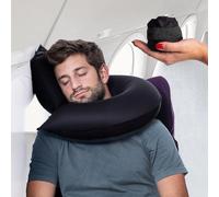 CANDY CANE Almohada de viaje inflable, diseño innovador, soporte para cuello y barbilla para aviones, coche y hogar, bolsa de transporte, lavado a mano (negro)