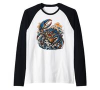 Cangrejo Monster Kaiju Vintage Japonés Tatuaje Estilo Camiseta Manga Raglan