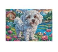 Caniche Blanco en el Campo de Flores Rompecabezas 300 Piezas Cartón Grueso para Coleccionistas Noches De Cita Mejora Concentración Ocio En Casa Regalo Reyes Magos 300 PCS