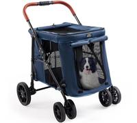 CANINE CANYON Cochecito para mascotas de 4 ruedas para perros pequeños/medianos, plegado de un botón, ventanas y persianas de malla ajustables, ruedas delanteras giratorias de 360° y freno de rueda