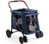 CANINE CANYON Cochecito para mascotas de 4 ruedas para perros pequeños/medianos, plegado de un botón, ventanas y persianas de malla ajustables, ruedas delanteras giratorias de 360° y freno de rueda