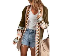 Canli4Y Cárdigan de punto para mujer, estilo bohemio, estampado azteca, suéter de cuello chal, chaqueta de punto, abrigo largo y grueso, cárdigan de lana con bolsillos, marrón, L