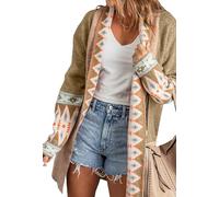 Canli4Y Cárdigan de punto para mujer, estilo bohemio, estampado azteca, suéter de cuello chal, chaqueta de punto, abrigo largo y grueso, cárdigan de lana con bolsillos, caqui, L