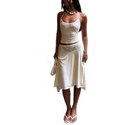 Canli4Y Juego de 2 piezas para mujer, de encaje, camiseta de tirantes asimétrica, falda midi elegante, faldas largas, vestidos, vestidos de verano de dos piezas para la playa y vacaciones, Blanco, S