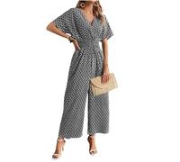 Canli4Y Mono de mujer con cuello en V, cintura elástica, boho, manga corta, pierna ancha, traje elegante para playa, vacaciones, uso diario, gris, XL