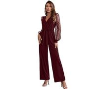 Canli4Y Mono para mujer con cuello en V, de malla, manga larga, pierna ancha, elegante, de malla, para oficina, ropa exterior, borgoña, M