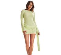 Canli4Y Vestido corto de manga larga para mujer, de punto, espalda descubierta, bikini, playa, vacaciones, verano, sexy, verde, L