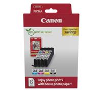 Canon CLI-581, Cartuchos de Tinta Original, Multipack, 4 Cartuchos de Tinta Independientes, Embalaje Sostenible, Color Negro, Magenta, Cian, Amarillo, Incluye 50 Hojas Papel Fotográfico 4 x 6