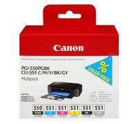 Canon PGI-550+CLI-551 Cartucho Multipack de tinta original BK/C/M/Y/G para impresora de inyeccion de tinta Pixma iP7250-8750-iX6850-MG5450-5550-5650-6350-6450-6650-7150-7550-MX725-925