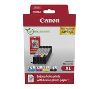 Canon Tinta y Papel - CLI-571 XL - Pack 4 Cartuchos (x1 XL Negro, x1 Cian, x1 Magenta, x1 Amarillo) + Papel fotográfico 10 x 15cm (50 Hojas)