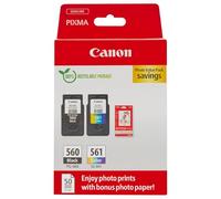 Canon Tinta y Papel Multipack - PG-560/CL-561 Cartuchos de tinta originales 2 Pack (1 x Negro, 1 x Color) y papel fotográfico 4x6 (50 x Hojas)
