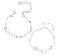 CanQuanSWZX 2 pulseras para mujer, pulsera chapada en plata 925 con diseño de corazón y diseño de estrella, ajustable, joyas para niñas, ideal para regalos, perlas lisas