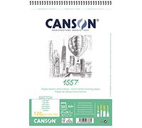 Canson 1557, Papel de boceto blanco, Grando ligero, 120g, Espiralados sobre el lado corto, A4-21x29,7cm, Extra Blanco, 50 Hojas