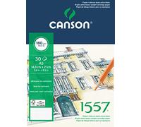 Canson 1557, Papel de dibujo blanco, Grando ligero, 180g, Encolados por el lado corto, A5-14,8x21cm, Extra Blanco, 30 Hojas