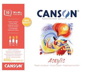 CANSON Acrylic, Papel para acrílico, Grano tipo lienzo, 400 gsm, Bloc encolado por el lado corto, 30 x 40 cm, Blanco Natural