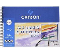 Canson Acuarela y Tempera Basik, Papel de acuarela, Grando ligero, 370gsm, Espiralados sobre el lado corto, 23x32,5cm, Blanco natural, 10 Hojas